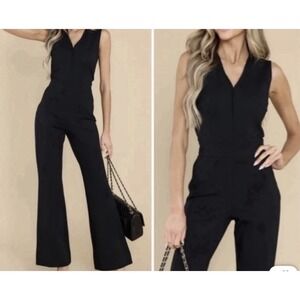 Spanx‎ Perfect Sleeveless Jumpsuit Black Deep V-neck Flare-leg Slimming Size XL